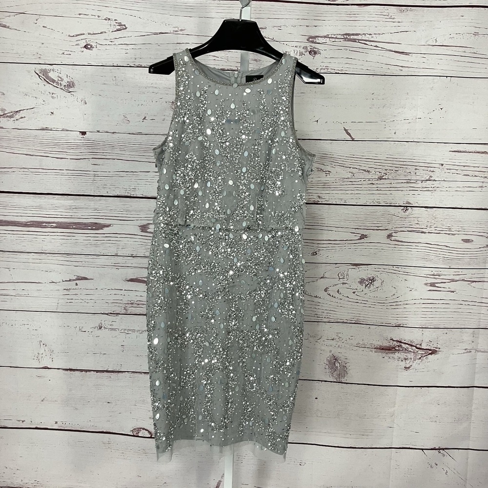 Adrianna Papell Beaded Sequin Cocktail Dress Gray Sleeveless Womens Size 8 - Picture 8 of 15